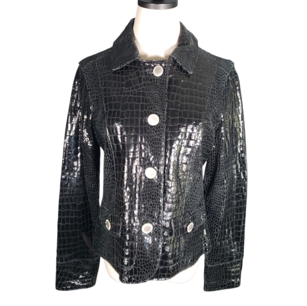 Vtg Lamb Leather Berek2 Reptile Texture Patent Mobwife Rheinstone Lux Jacket Med